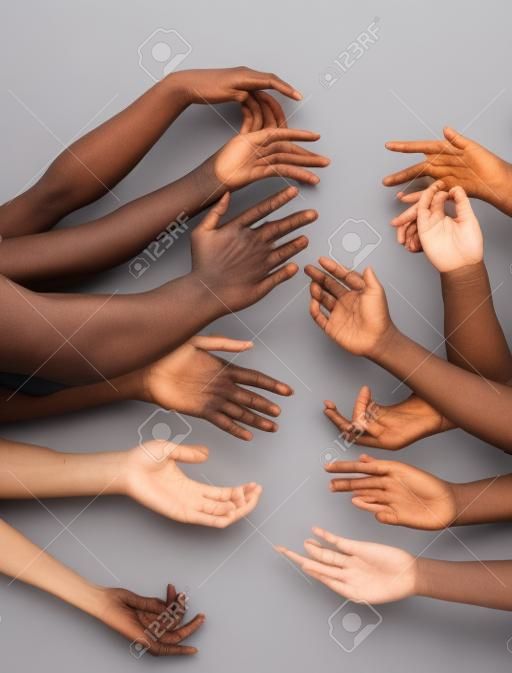 Humanity. Hands of different people in touch isolated on grey studio background. Concept of relation, diversity, inclusion, community, togetherness. Weightless touching, creating one unit.