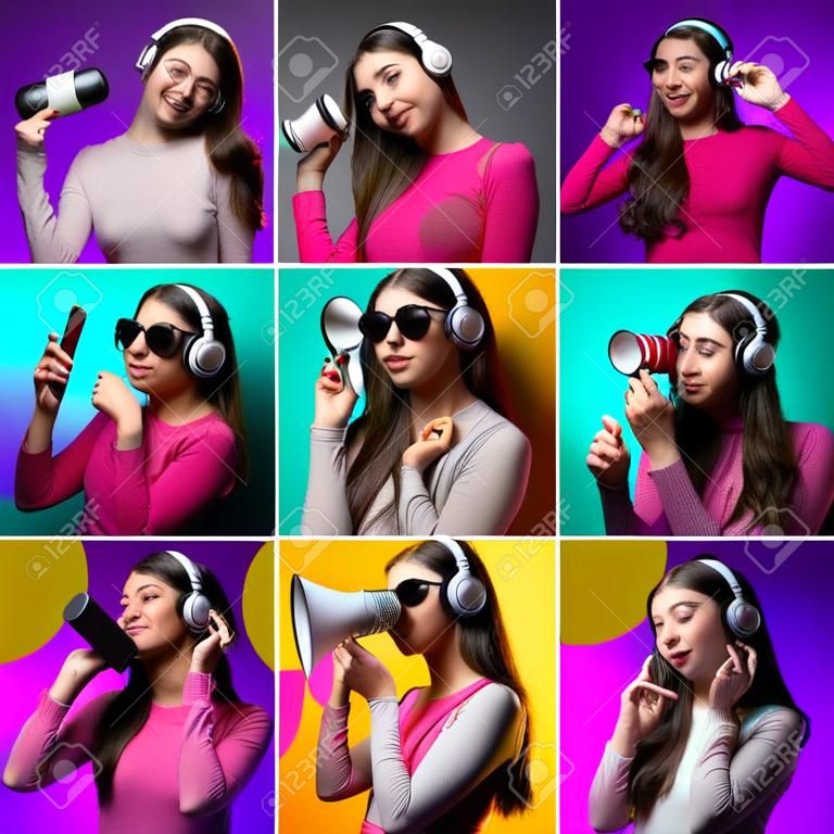 Set of young girls portraits with different emotions using gadgets isolated on purple, yellow and blue studio backgroud in neon.