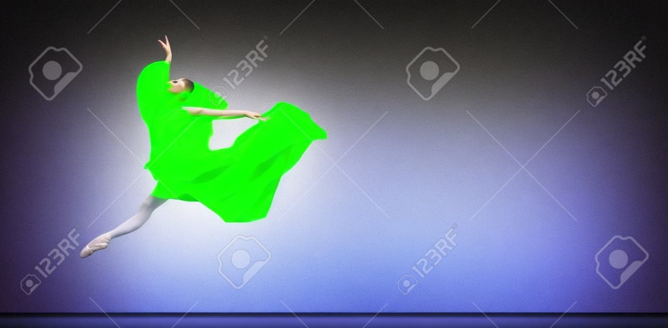 Bailarina clásica elegante bailando con tela ingrávida aislada sobre fondo de estudio negro en neón. Volantes