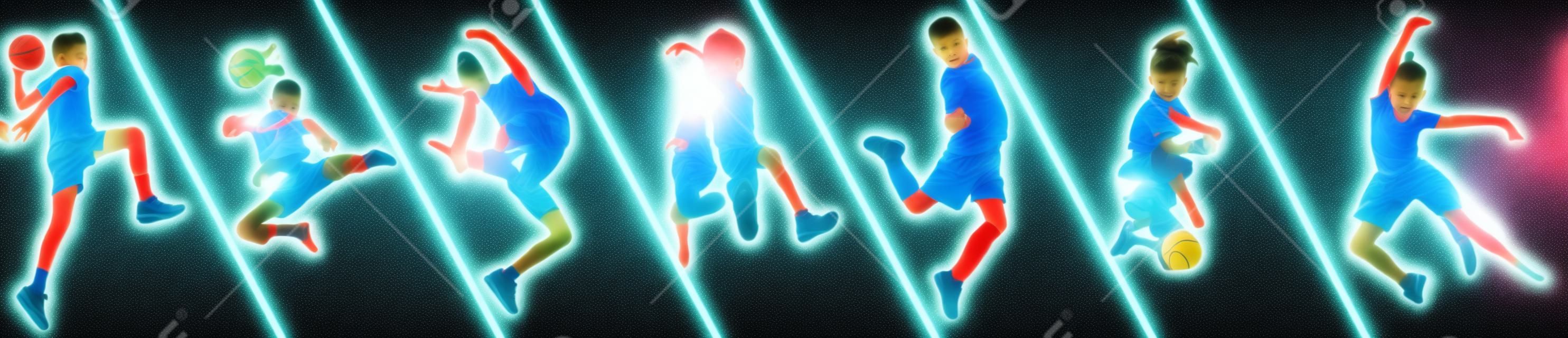 Poster. verschiedene kleine sportler in aktion und bewegung isoliert auf mehrfarbigem hintergrund in neon. Flyer. Sport für Kinder