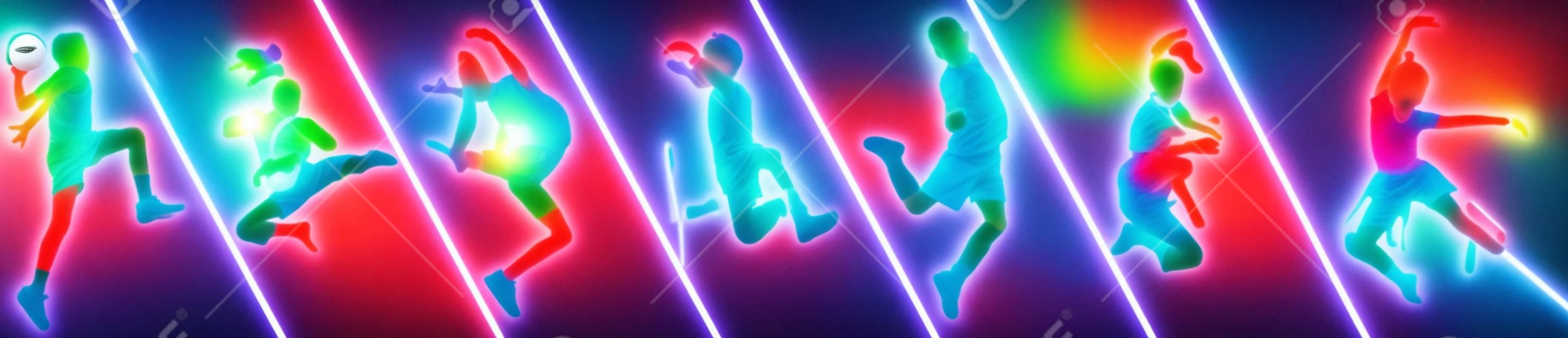 Poster. Different little sportsmen in action and motion isolated on multicolored background in neon. Flyer. Sport for kids