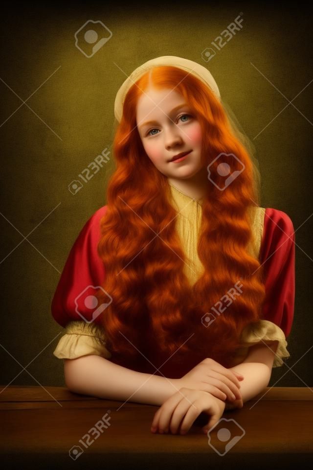 Vintage-Porträt eines jungen entzückenden rothaarigen Mädchens im Bild einer mittelalterlichen Person im Kleid im Renaissance-Stil isoliert auf dunklem Hintergrund. Vergleich der Epochen