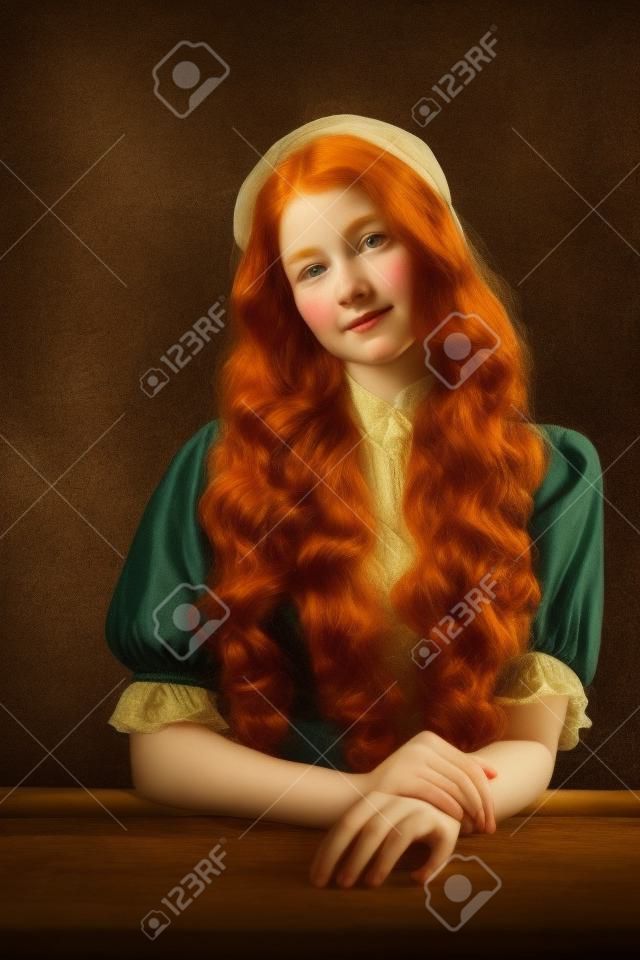 Vintage-Porträt eines jungen entzückenden rothaarigen Mädchens im Bild einer mittelalterlichen Person im Kleid im Renaissance-Stil isoliert auf dunklem Hintergrund. Vergleich der Epochen