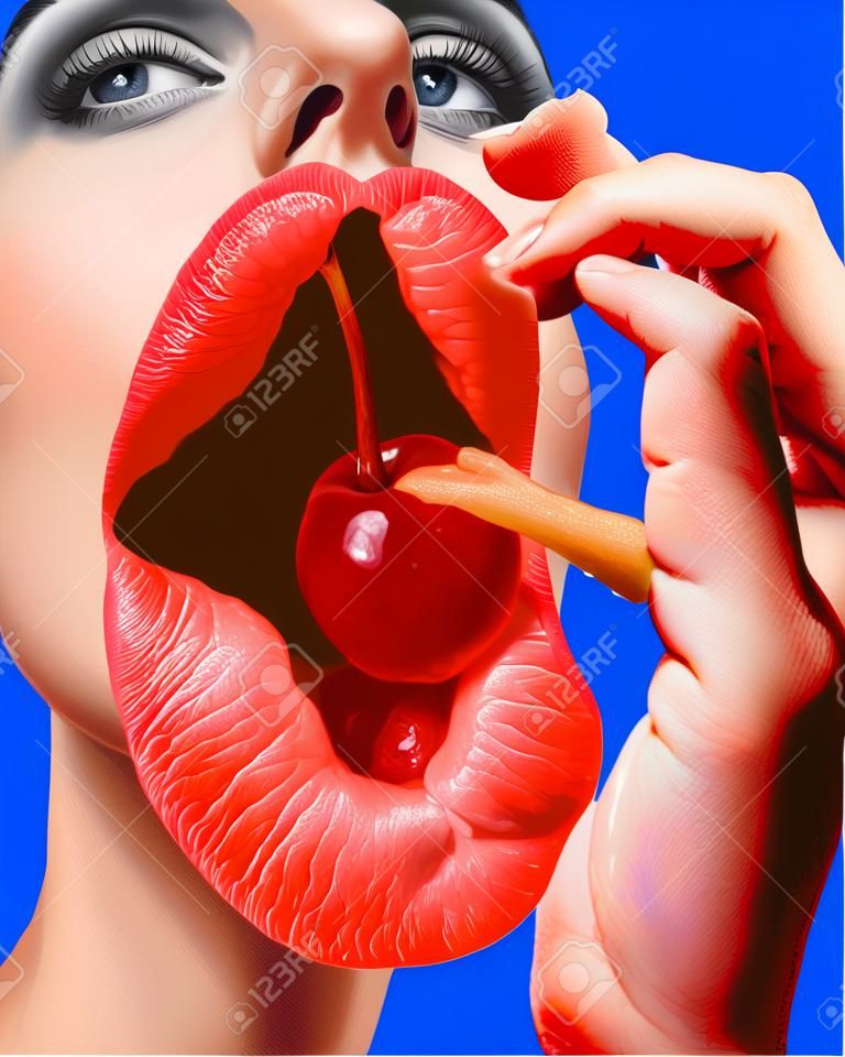 Wide open giant female mouth eating cherry over blue background. Contemporary art collage.
