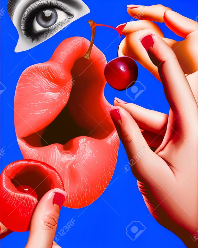 Wide open giant female mouth eating cherry over blue background. Contemporary art collage.