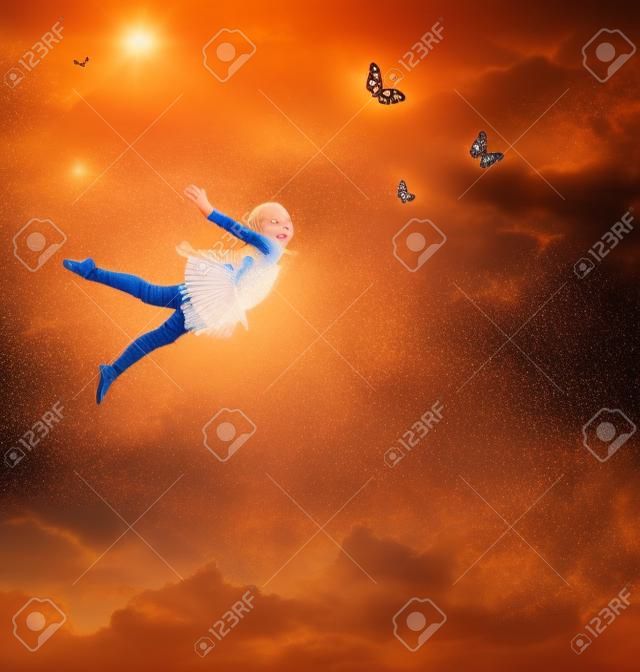 Little Blonde Girl Flying with Butterflies at Twilight 