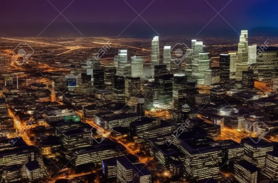 A légi felvétel a Los Angeles-i belvárosi alkonyatkor