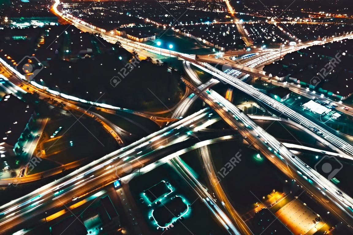 Aerial view of a massive highway in Los Angeles, CA at night