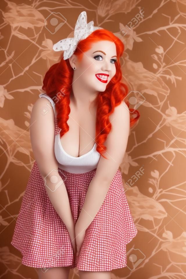 View of a beautiful pinup redhead girl with skirt.
