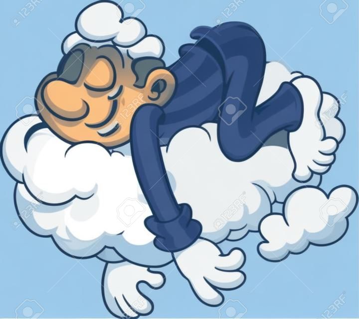 Hombre que duerme en una ilustración de dibujos animados nube vectorial con gradientes simples Todo en una sola capa