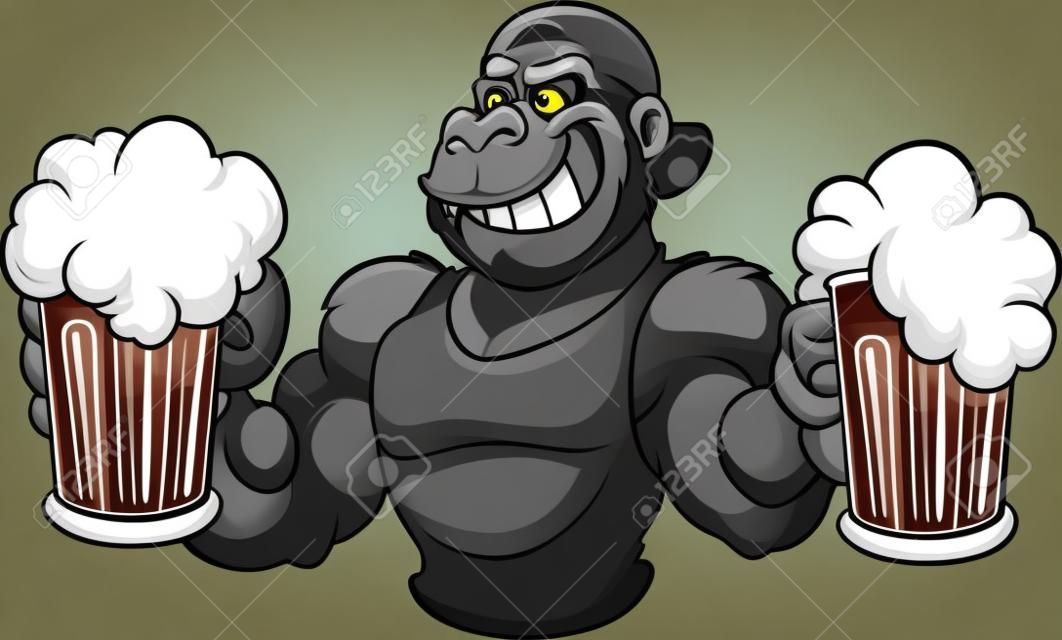 酷卡通大猩猩手持啤酒矢量剪辑艺术插图与简单的梯度在一个单一层的杯子