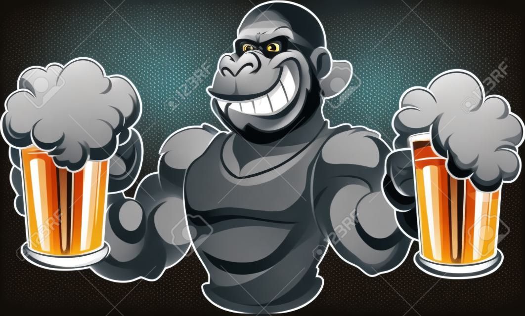 酷卡通大猩猩手持啤酒矢量剪辑艺术插图与简单的梯度在一个单一层的杯子
