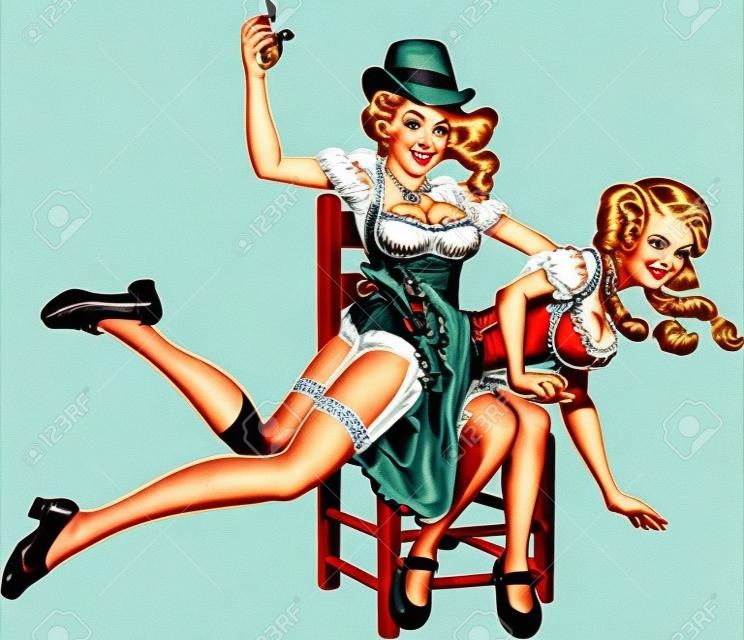 One Oktoberfest pin up girl spanking another playfully. 