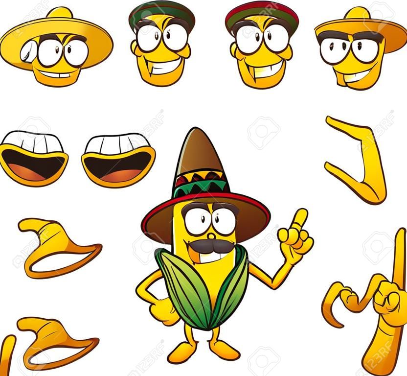 Caractere mexicano do milho posável pronto para a animação. Ilustração do clip art do vetor com gradientes simples. Cada elemento em uma camada separada.