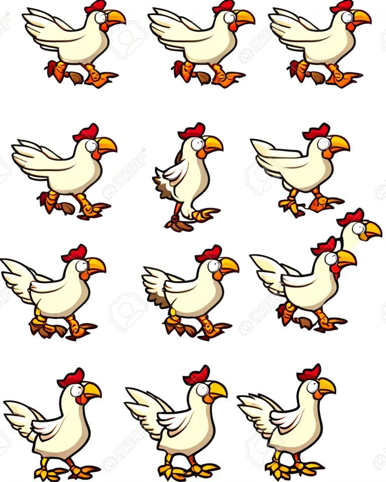 Sprites de pollo con correr, inactivo y animaciones volar. Vector de imágenes prediseñadas ilustración con gradientes simples. Cada uno en una capa separada.