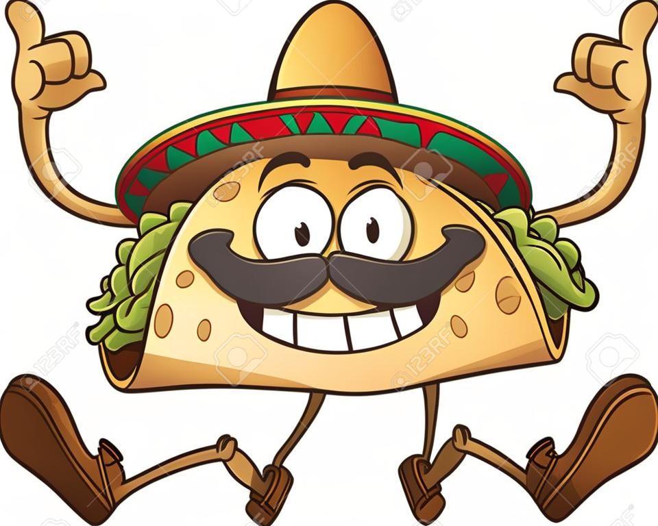 Taco feliz dos desenhos animados com sombrero mexicano. Ilustração do clip art do vetor com gradientes simples. Tudo em uma única camada.