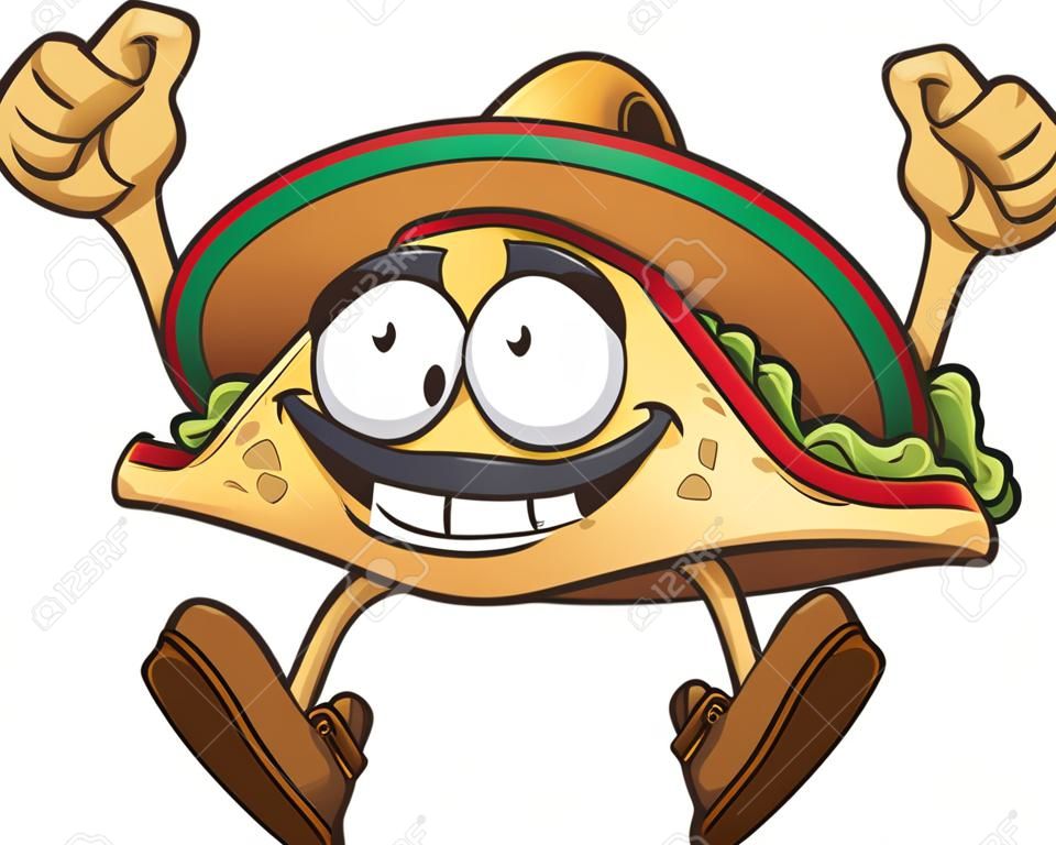 Happy cartoon taco with Mexican sombrero. Vector clip art illustration with simple gradients. All in a single layer.