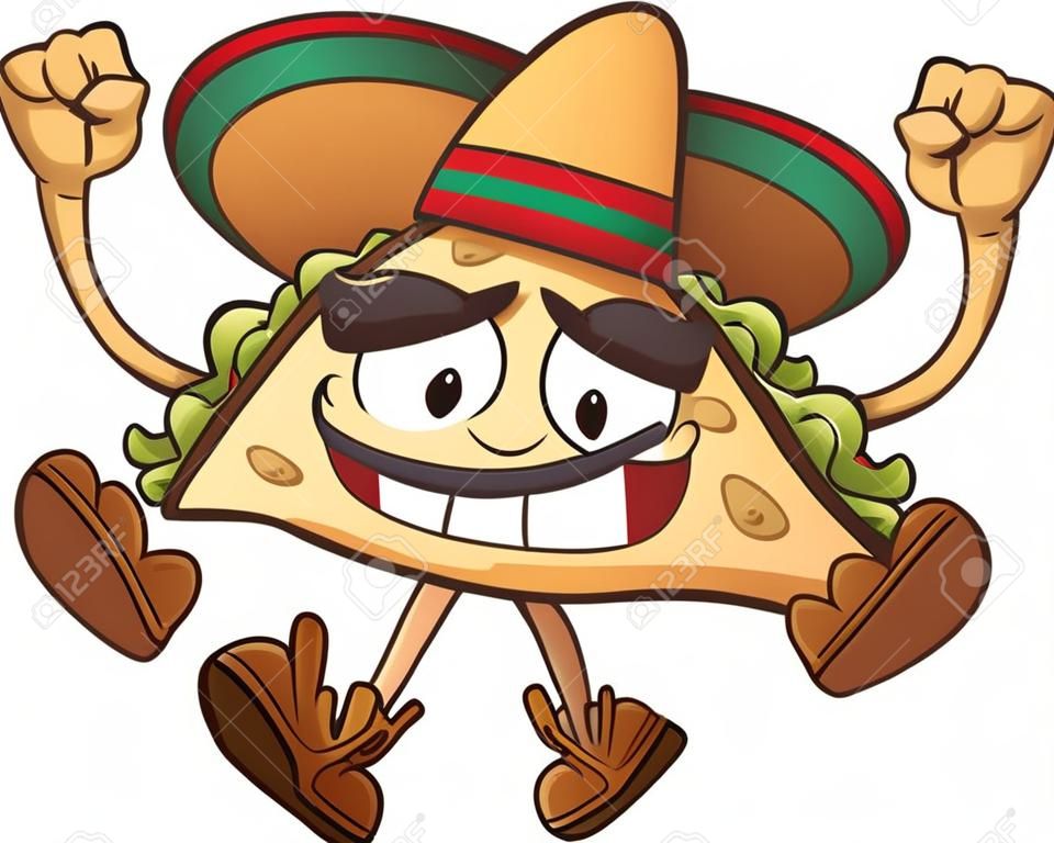 Happy Cartoon Taco mit mexikanischen Sombrero. Vector Clip Art Illustration mit einfachen Farbverläufen. Alle in einer einzigen Schicht.