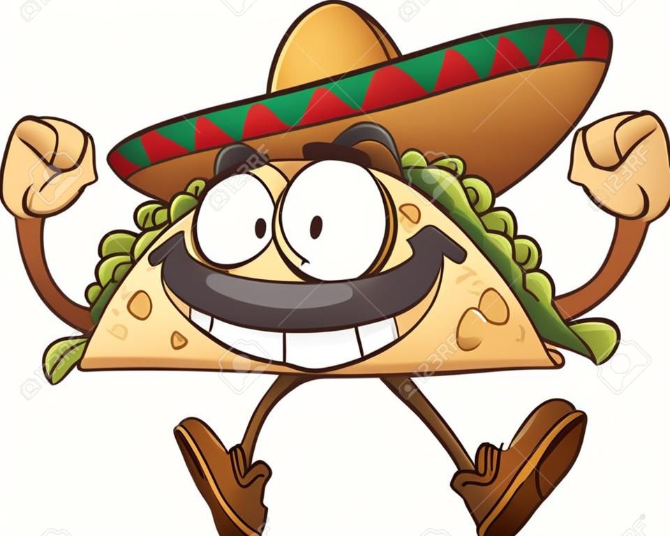 Happy cartoon taco with Mexican sombrero. Vector clip art illustration with simple gradients. All in a single layer.