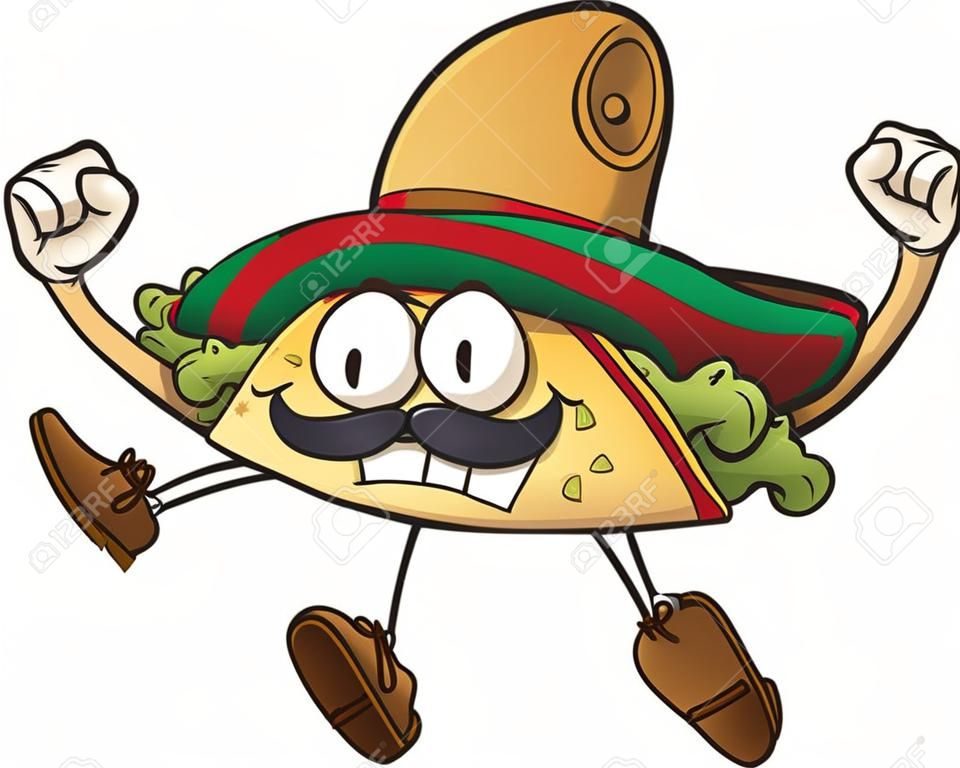 Taco feliz dos desenhos animados com sombrero mexicano. Ilustração do clip art do vetor com gradientes simples. Tudo em uma única camada.