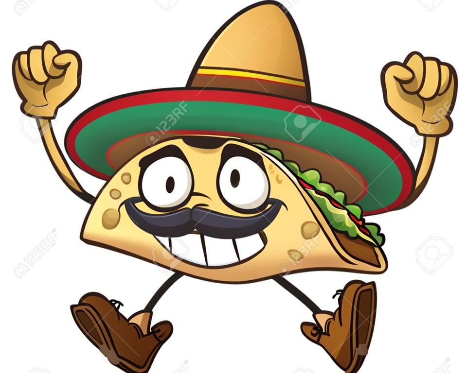 Feliz de dibujos animados de taco con sombrero mexicano. Vector de imágenes prediseñadas ilustración con gradientes simples. Todo en una sola capa.