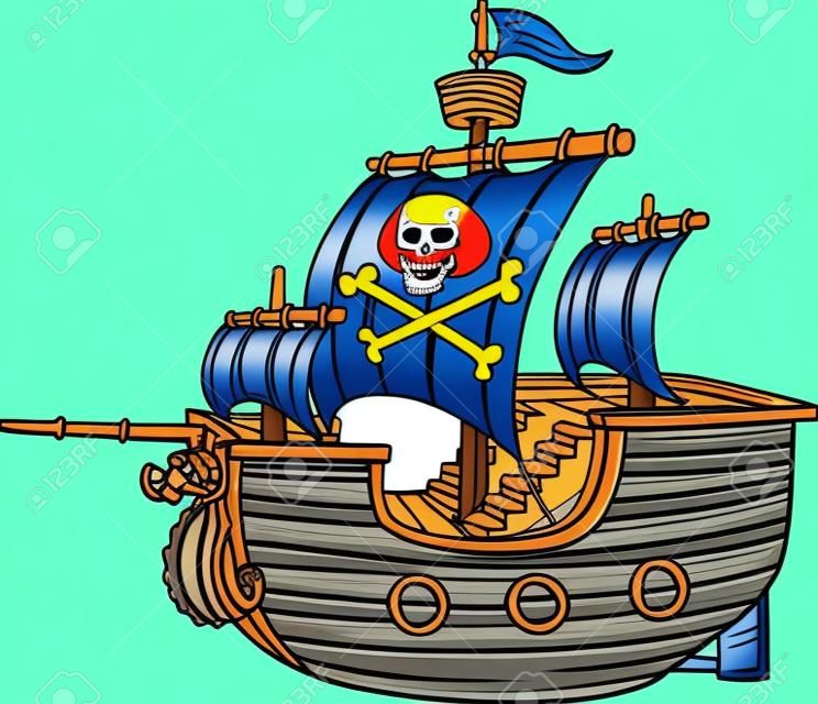 Cartoon pirate ship. Vector clip art illustration with simple gradients. All in a single layer.
