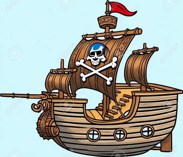 Cartoon pirate ship. Vector clip art illustration with simple gradients. All in a single layer.