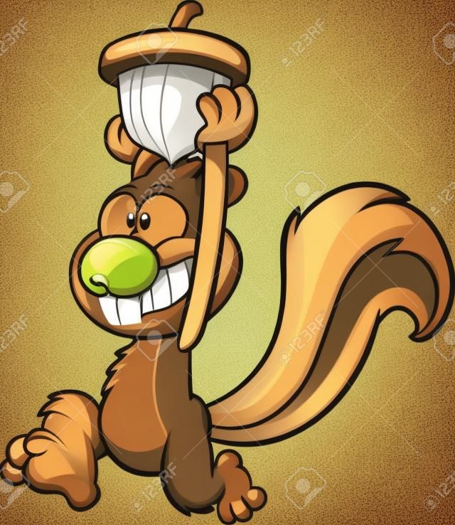 Happy Cartoon Eichhörnchen läuft mit einer Eichel. Vektorgrafik Illustration mit einfachen Farbverläufen. Eichel, Eichhörnchen und Arm auf separaten Ebenen für die einfache Bearbeitung.