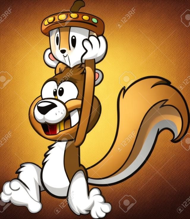 Happy Cartoon Eichhörnchen läuft mit einer Eichel. Vektorgrafik Illustration mit einfachen Farbverläufen. Eichel, Eichhörnchen und Arm auf separaten Ebenen für die einfache Bearbeitung.