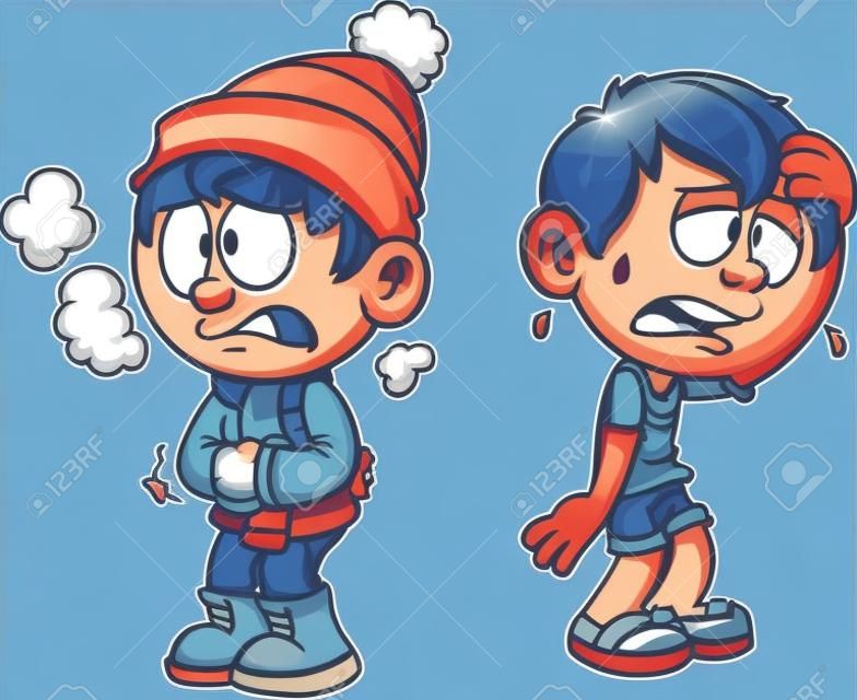 Hot and cold boy. Vector clip art illustration with simple gradients. Each on a separate layer.