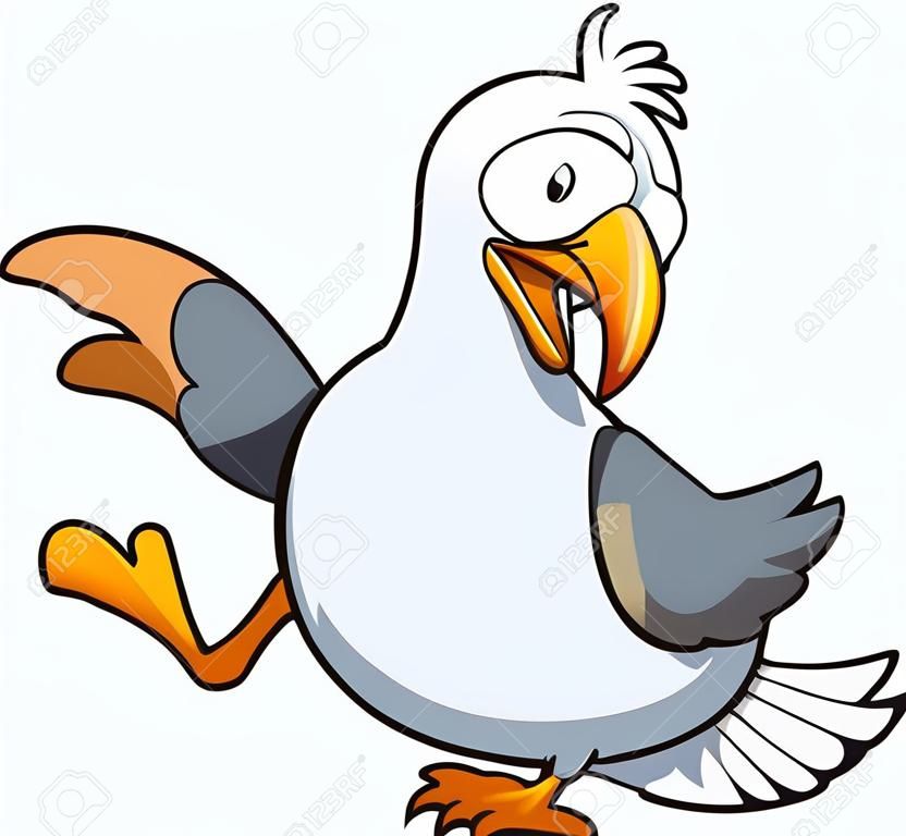 Fat seagull eating a fish. Vector clip art illustration with simple gradients. All in a single layer.
