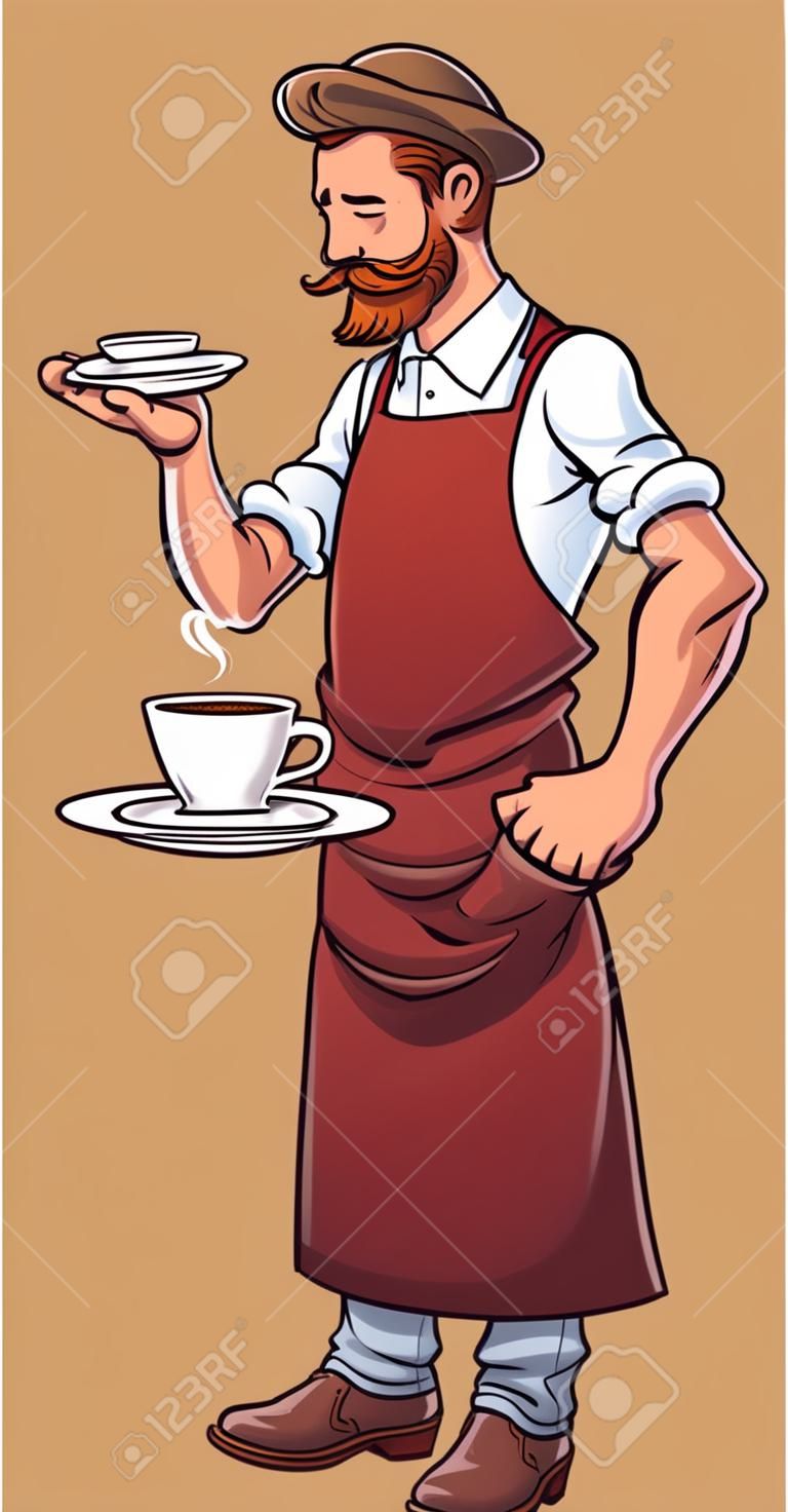 卡通時髦的咖啡師。剪貼畫插圖與簡單的漸變。咖啡師，咖啡和蒸汽在單獨的圖層上。