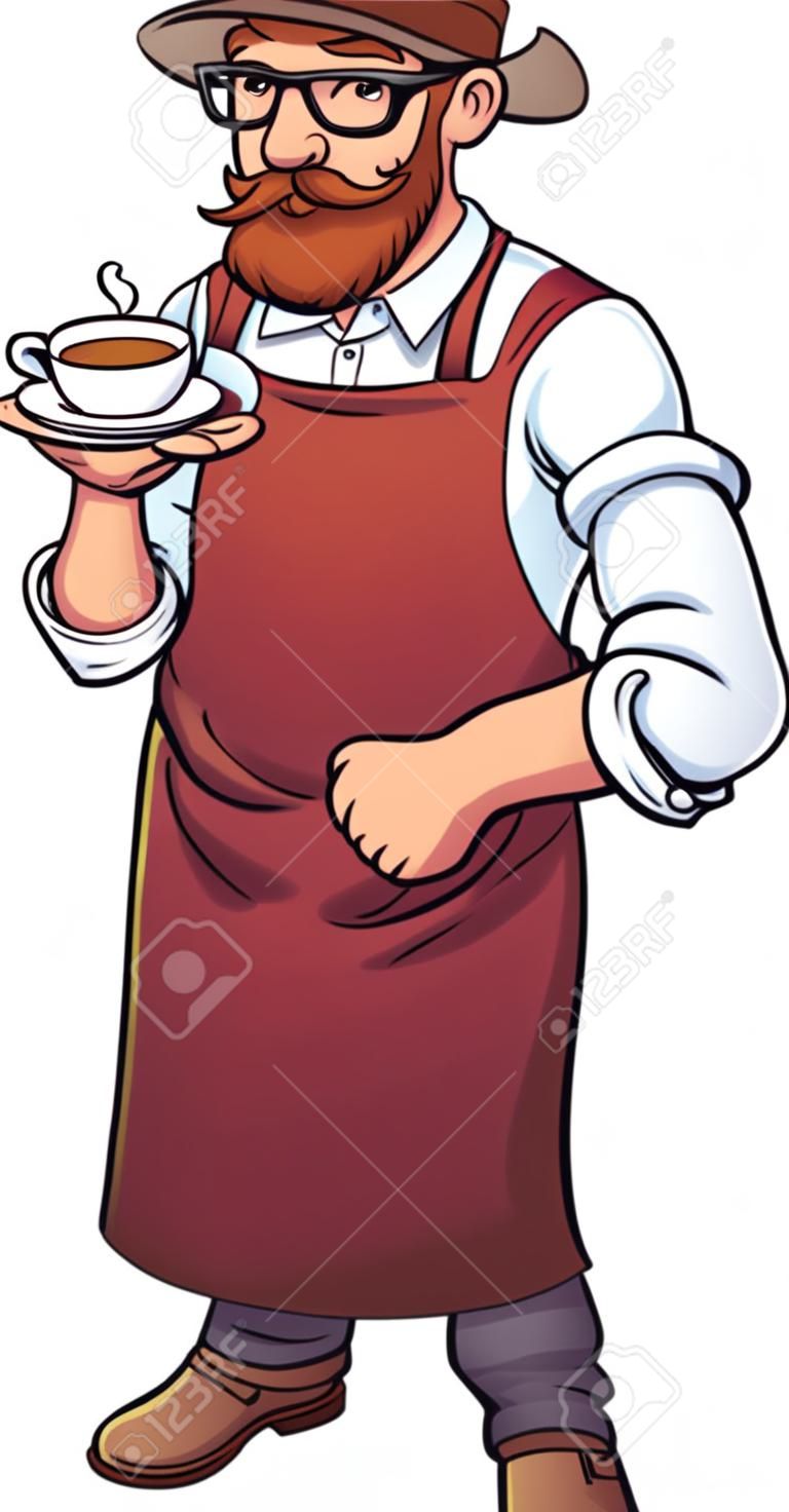 Cartoon hipster barista. clip art illustration with simple gradients. Barista, cup of coffee and steam on separate layers.