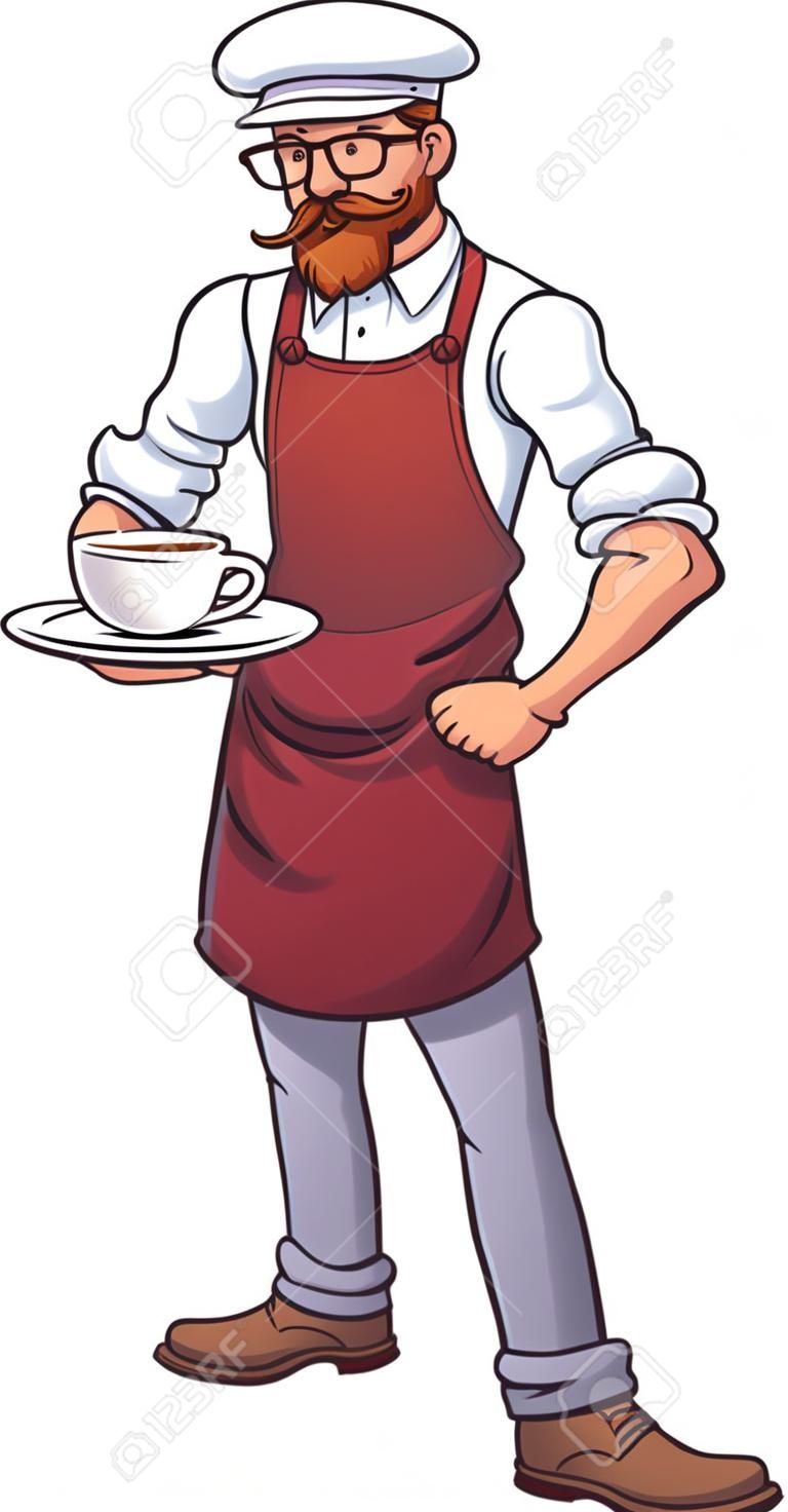 卡通時髦的咖啡師。剪貼畫插圖與簡單的漸變。咖啡師，咖啡和蒸汽在單獨的圖層上。
