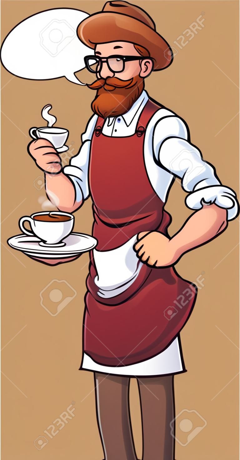 Cartoon hipster barista. clip art illustration with simple gradients. Barista, cup of coffee and steam on separate layers.
