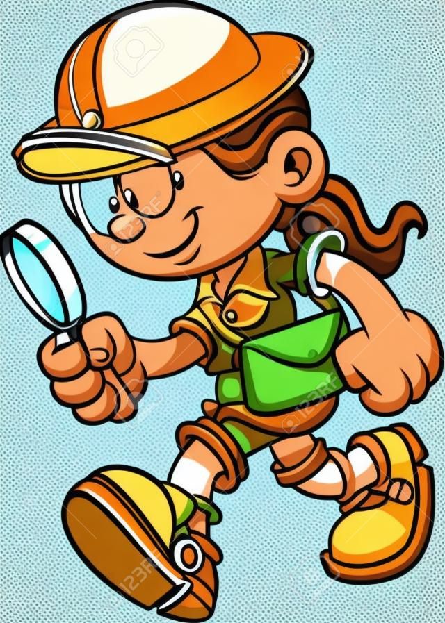 卡通女孩的Safari使用放大鏡。矢量剪貼畫插圖簡單的梯度。在一個單一的層。
