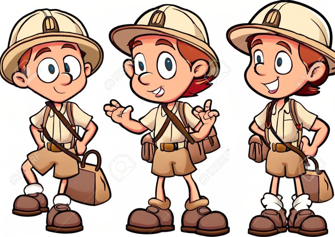 Explorateur enfants dans des tenues safari. Vecteur Clip illustration de bande dessinée d'art avec des dégradés simples. Chaque sur une couche séparée.