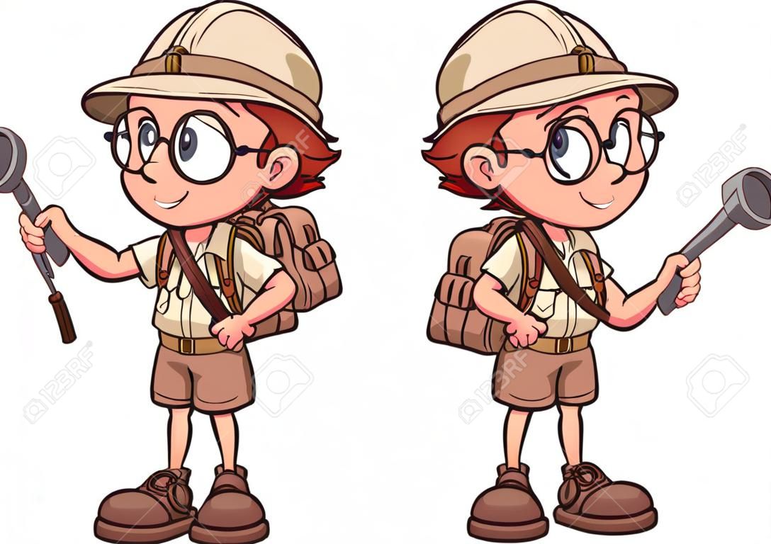 Explorer kids in safari outfits. Vector clip art cartoon illustration with simple gradients. Each on a separate layer.