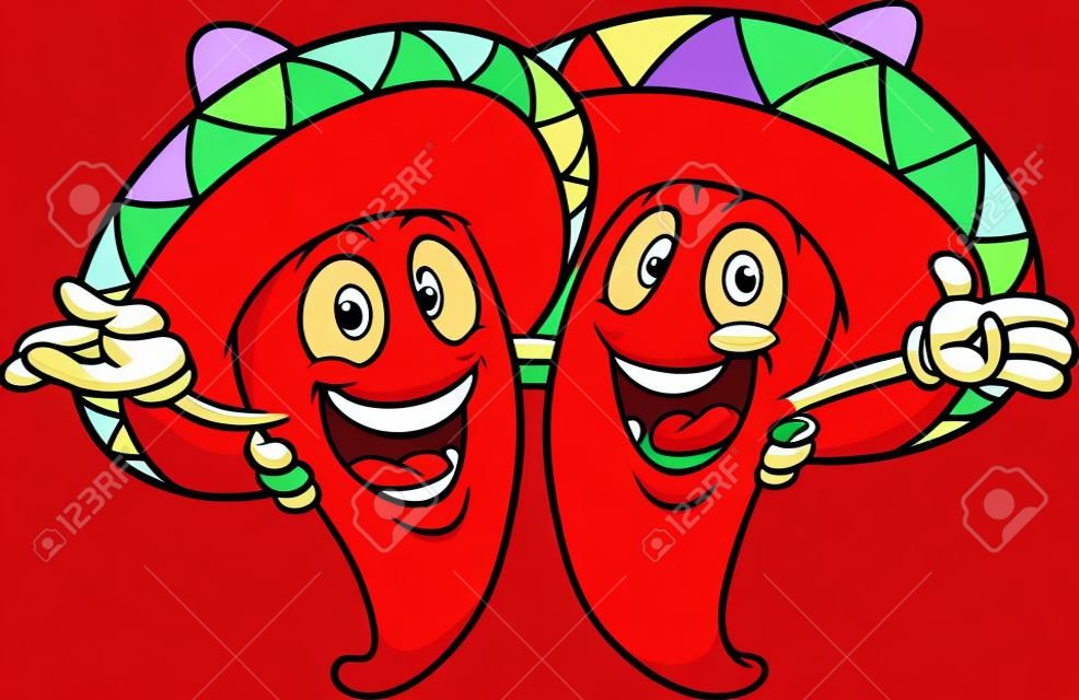 Feliz desenho animado pimentas mexicanas. Vector clip art ilustração com gradientes simples. Tudo em uma única camada.