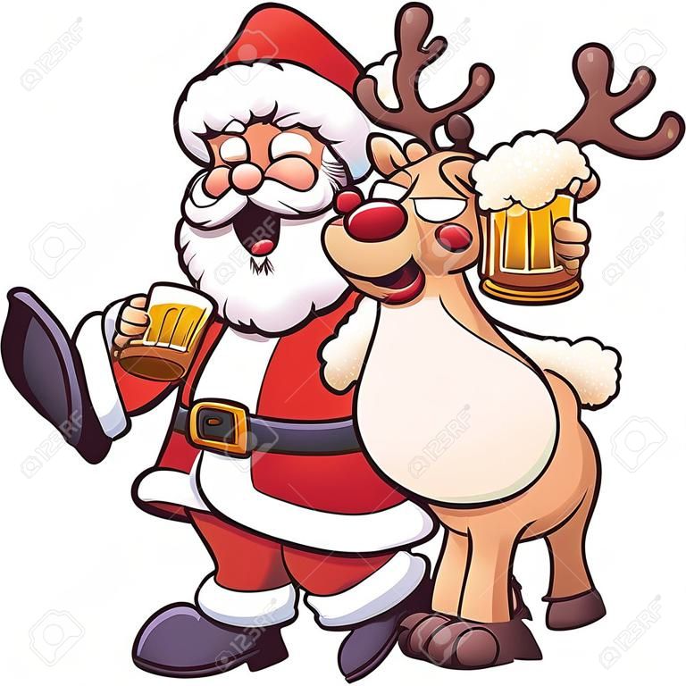 Пьяный Санта Клаус и олени. Векторный рисунок иллюстрация с простыми градиентов. Все в одном слое.