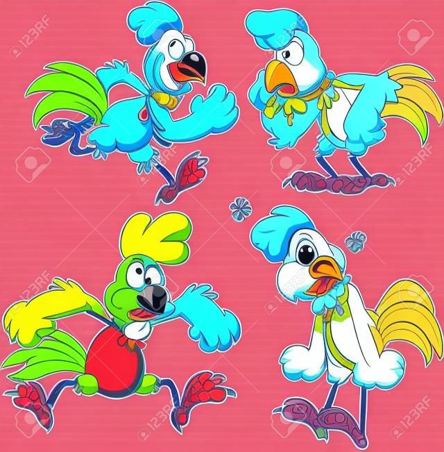 Cartoon chicken with different poses. Vector clip art illustration with simple gradients. Each on a separate layer.