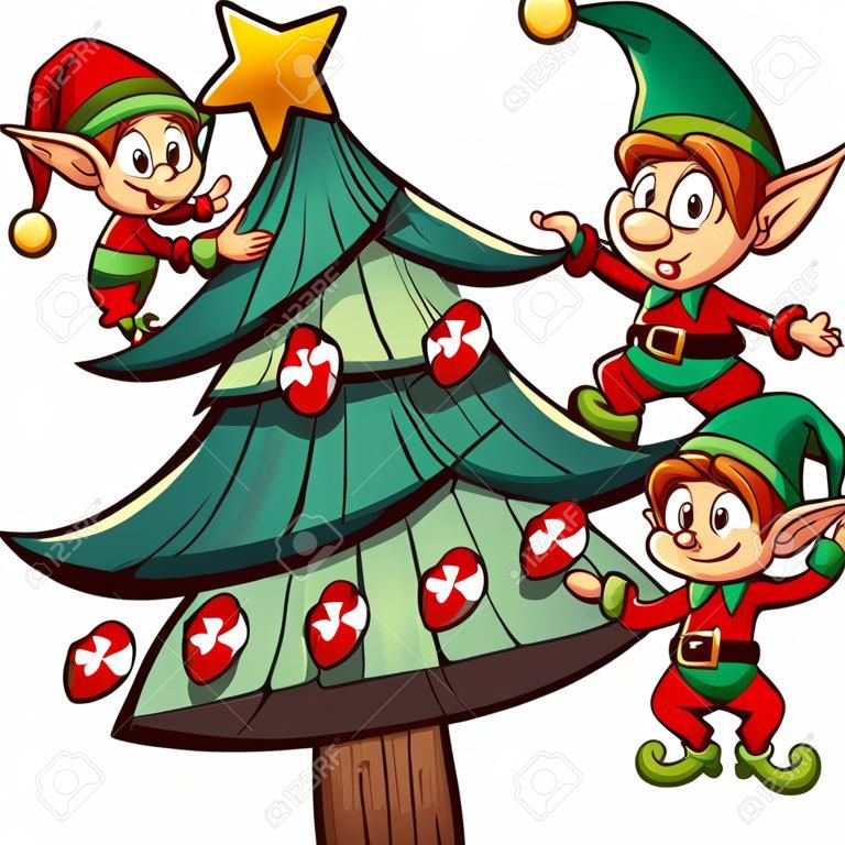 Cartoon elves standing on each other, decorating a Christmas tree. Vector clip art illustration with simple gradients. Elves, tree and star on separate layers.