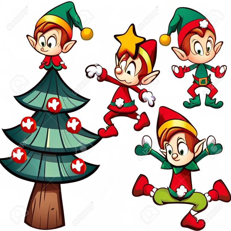 Kreskówka elfy stojące na sobie, dekorujące choinkę. Clip art wektor ilustracja z prostych gradientów. Elfy, drzewo i gwiazda na osobnych warstwach.