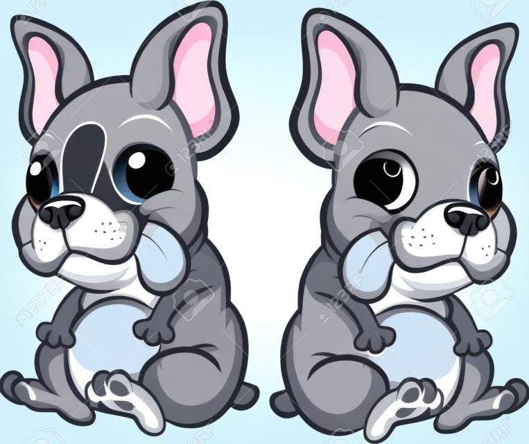 Cartoon French Bulldog puppies sitting. Vector clip art illustration with simple gradients. Each one on a separate layer.