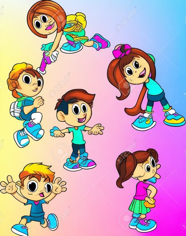 Cartoon kids performing different actions. Vector clip art illustration with simple gradients. Some elements on separate layers.