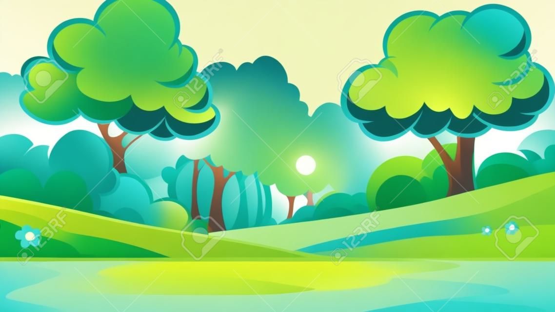Cartoon forest background. Vector clip art illustration with simple gradients. Some elements on separate layers.