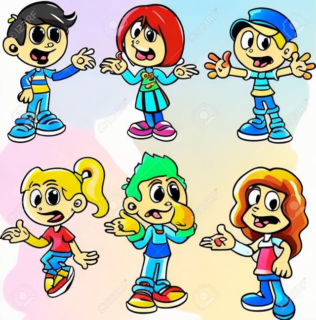 Cartoon kids talking and asking questions clip art. Vector illustration with simple gradients. Each on a separate layer. 
