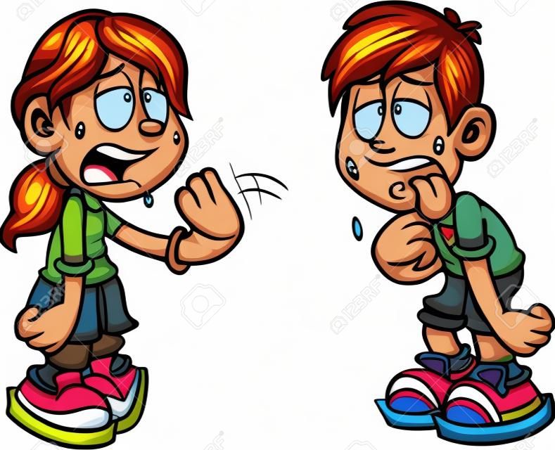 Cartoon boy and girl suffering form heat clip art. Vector illustration with simple gradients. Each on a separate layer. 
