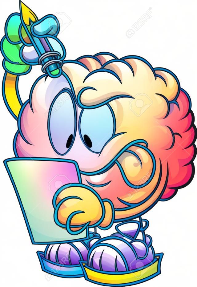 Cartoon brain looking at a piece of paper and thinking clip art. Vector illustration with simple gradients. All in a single layer.