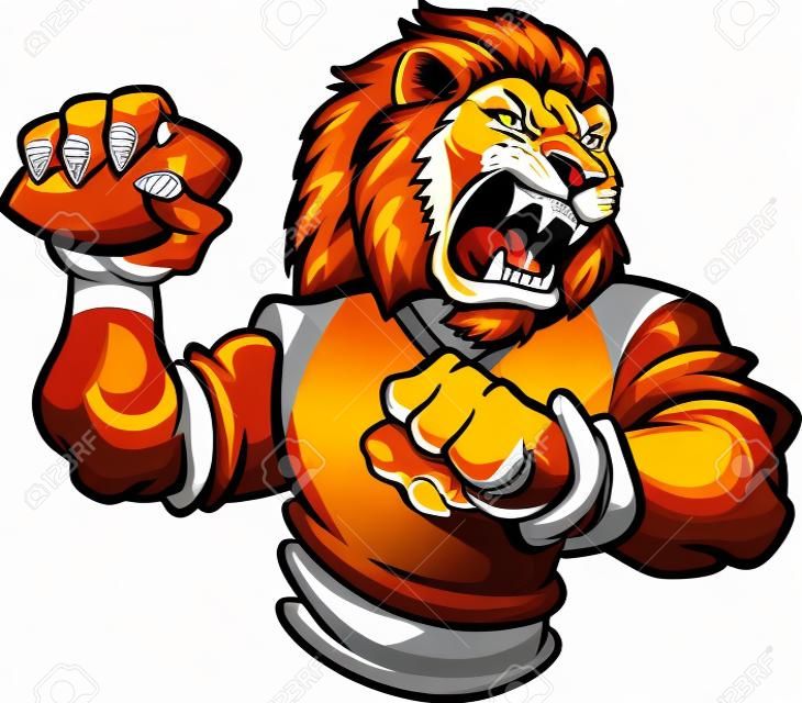 Strong lion mascot roaring and throwing a football clip art.